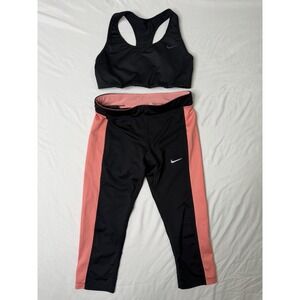 Nike Dri-FIT Women's 2 Piece Athletic Set Black Pink Capri Leggings Sports Bra